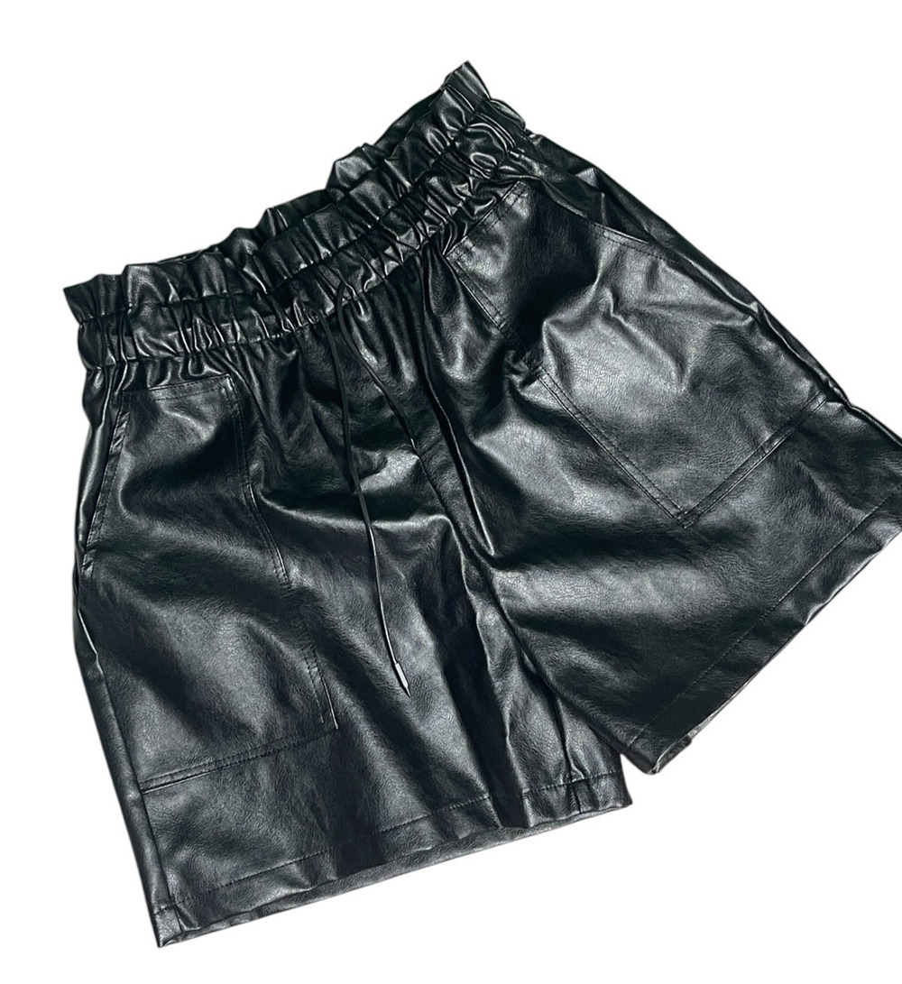 Black Faux Leather Vegan High Rise Paperbag Mini Shorts Women Size Large